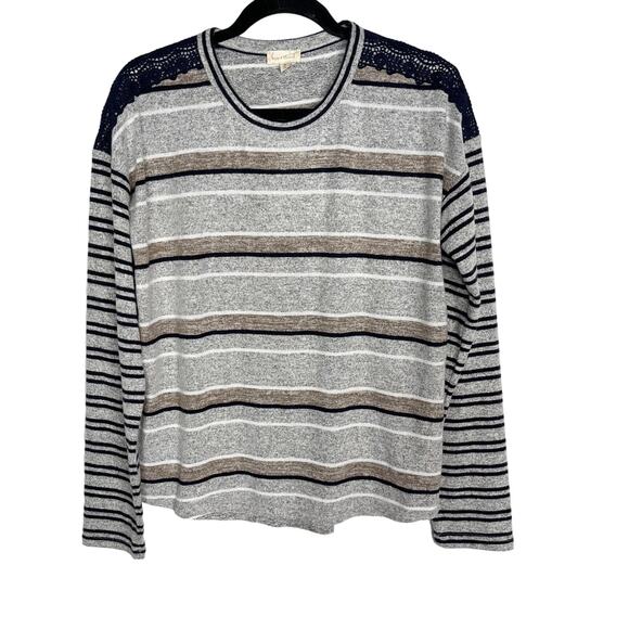 New Hem & Thread Large L Gray Striped Navy Blue Lace Shoulder Detail Knit Top - Picture 1 of 8